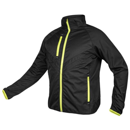 Czarna kurtka robocza z żółtymi zamkami błyskawicznymi na przodzie i kieszeniach, wykonana z materiału typu softshell. Kurtka ma wysoki kołnierz i długie rękawy.