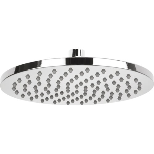 Na zdjęciu widoczna jest okrągła deszczownica w kolorze chromowanym z wieloma otworami na wodę rozmieszczonymi w regularnym wzorze. Produkt ma gładką, błyszczącą powierzchnię.