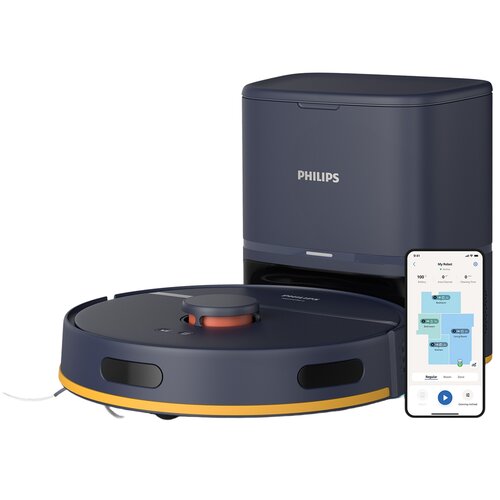 Granatowy robot sprzątający z widocznym logo "PHILIPS" oraz stacja dokująca, obok której znajduje się smartfon z aplikacją pokazującą mapę sprzątania. Na ekranie telefonu widoczne są napisy: "My Robot", "Battery", "Cleaning time", "Kitchen", "Living Room"