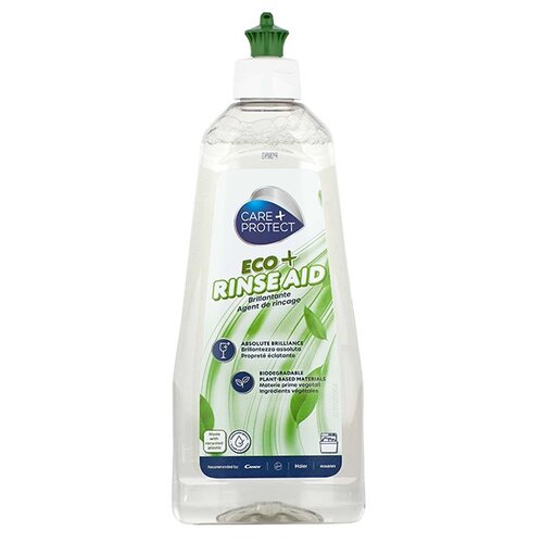 Przezroczysta butelka z zielonym korkiem zawiera płyn oznaczony jako "CARE+PROTECT ECO+ RINSE AID". Na etykiecie widnieją napisy: "Brilliance", "Biodegradable", "Plant-based materials" oraz piktogramy związane z ekologią.
