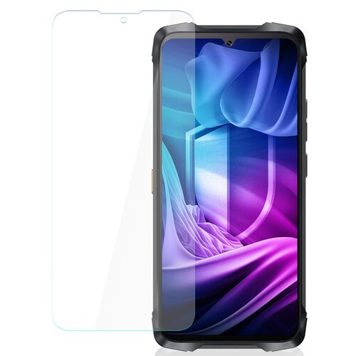 Na zdjęciu znajduje się smartfon z wyświetlaczem, na którym widoczna jest kolorowa grafika z motywem fioletowo-niebieskich fal i tarczy. Obok telefonu umieszczona jest przezroczysta folia ochronna, która jest przeznaczona do modelu Cubot King Kong Power 3.