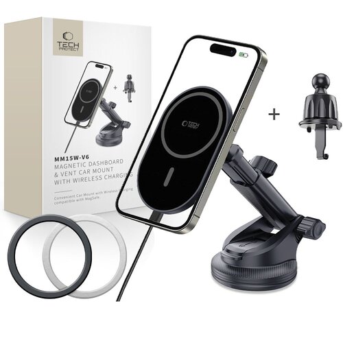 Uchwyt na telefon TECH-PROTECT V6 Magsafe Dashboard & Vent Wireless Charger 15W Czarny