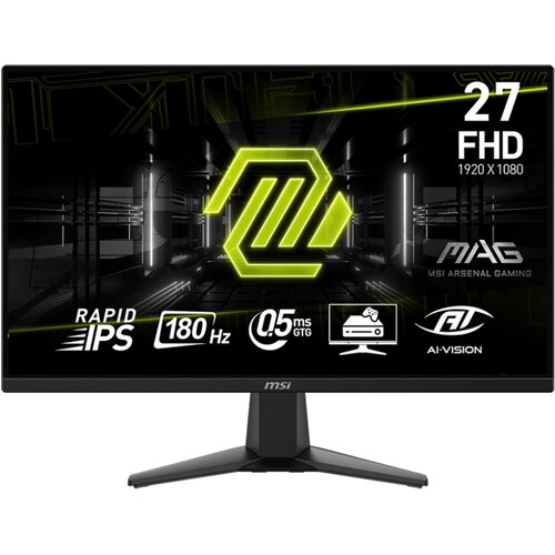 Monitor MSI z wyświetlaczem o przekątnej 27 cali, rozdzielczości 1920x1080 pikseli, technologii Rapid IPS, częstotliwości odświeżania 180 Hz i czasie reakcji 0,5 ms GTG. Na ekranie widoczne są napisy: "27 FHD 1920x1080", "MAG MSI Arsenal Gaming", "Rapid IPS", "180 Hz", "0.5 ms GTG", "AI-Vision".