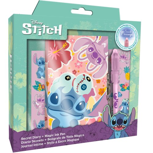 Opakowanie produktu z motywem Disney Stitch, zawierające pamiętnik i magiczny długopis, ozdobione kolorowymi grafikami postaci i kwiatów. Na opakowaniu widnieje napis: "Secret Diary + Magic Ink Pen" oraz jego tłumaczenia w kilku językach.