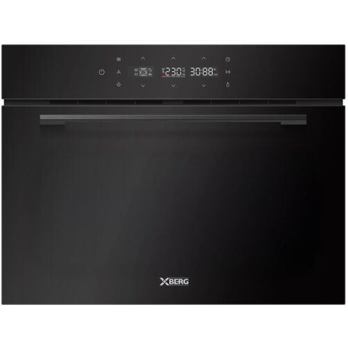 Czarny piekarnik elektryczny z mikrofalą marki XBERG, model BGOVM16B, z panelem dotykowym i wyświetlaczem pokazującym temperaturę 230°C oraz czas 30:88. Na froncie widoczne jest logo "XBERG".
