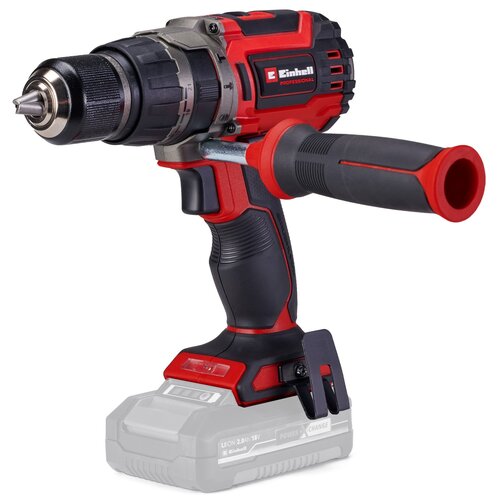 Czarno-czerwona wiertarko-wkrętarka z metalowym uchwytem wiertarskim i ergonomiczną rękojeścią. Na obudowie widoczne jest logo "Einhell Professional", a na baterii napis "Li-ion 2.0 Ah 18V Power X-Change".