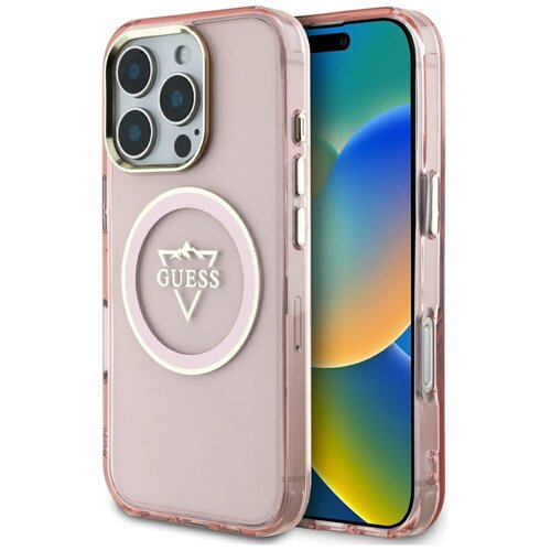 Etui GUESS IML Metal Mountain Logo MagSafe do Apple iPhone 16 Pro Przezroczysto-różowy