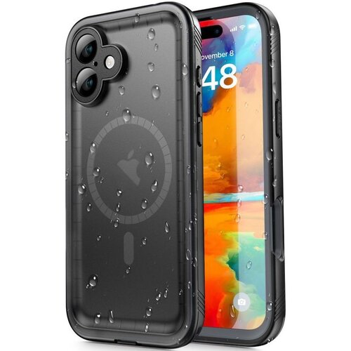 Czarne etui wodoodporne z widocznymi kroplami wody, przeznaczone do telefonu Apple iPhone 16, z okrągłym wzorem na tylnej części. Na ekranie telefonu widoczna jest kolorowa tapeta oraz data "November 8" i godzina "8:48".