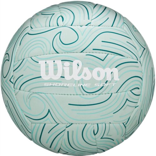 Piłka siatkowa w kolorze zielonym z wzorem przypominającym fale, na której widnieje biały napis "Wilson Shoreline Soft". Produkt ma widoczne szwy i jest w rozmiarze 5.