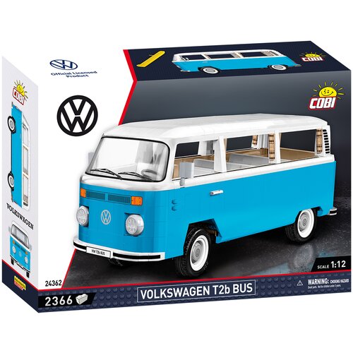 Pudełko przedstawia model plastikowych klocków COBI, zbudowany w formie niebiesko-białego Volkswagena Transportera T2a Bus w skali 1:12. Na opakowaniu widoczne są logotypy COBI i Volkswagen, numer produktu 24362 oraz ostrzeżenie o ryzyku zadławienia.