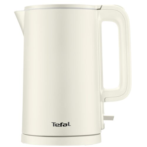 Biały czajnik elektryczny z widocznym logo "Tefal" na dolnej części obudowy, posiada uchwyt oraz wylewkę. Czajnik ma prosty, nowoczesny design z gładką powierzchnią.