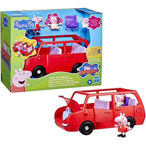 Pudełko z zestawem figurek "HASBRO Świnka Peppa Duży pojazd G05415L0" zawiera czerwony samochód z otwieranym bagażnikiem oraz figurki postaci z bajki. Na opakowaniu widnieje logo Peppa Pig oraz Hasbro, a także informacje o produkcie w kilku językach.