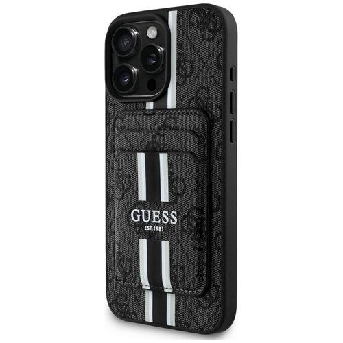 Czarne etui na telefon z teksturą w delikatny wzór, ozdobione pionowymi, białymi i czarnymi paskami. Na etui widnieje napis "GUESS EST. 1981".