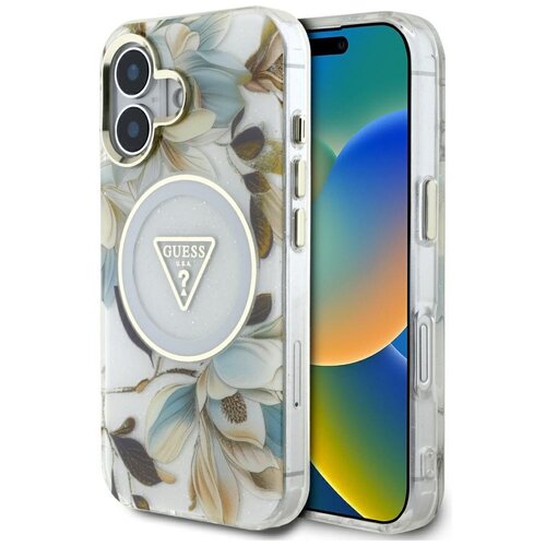 Etui GUESS Glitter Flowers Triangle Buttons MagSafe do Apple iPhone 16 Biały