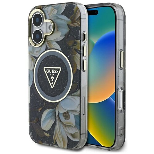 Etui GUESS Glitter Flowers Triangle Buttons MagSafe do Apple iPhone 16 Czarny