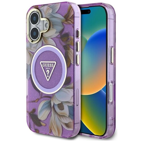 Etui GUESS Glitter Flowers Triangle Buttons MagSafe do Apple iPhone 16 Fioletowy