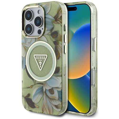Etui GUESS Glitter Flowers Triangle Buttons MagSafe do Apple iPhone 16 Pro Max Zielony