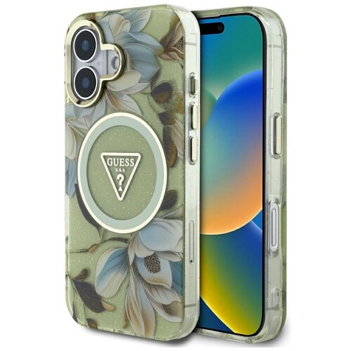 Etui GUESS Glitter Flowers Triangle Buttons MagSafe do Apple iPhone 16 Zielony