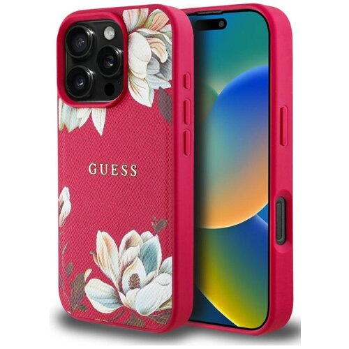 Etui GUESS Grained Printed Flower Pattern MagSafe do Apple iPhone 16 Pro Fuksja