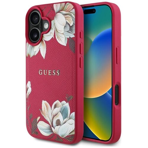 Etui GUESS Grained Printed Flower Pattern MagSafe do Apple iPhone 16 Fuksja