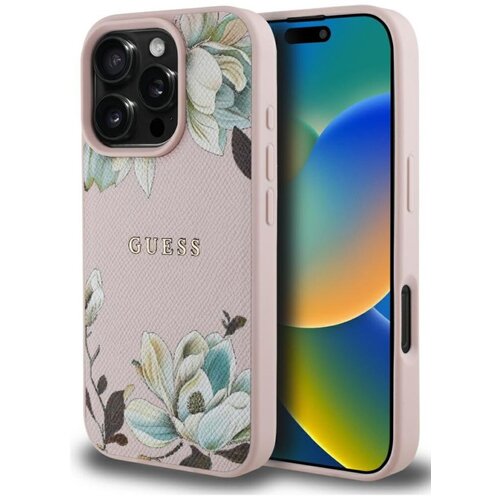 Etui GUESS Grained Printed Flower Pattern MagSafe do Apple iPhone 16 Pro Max Różowy