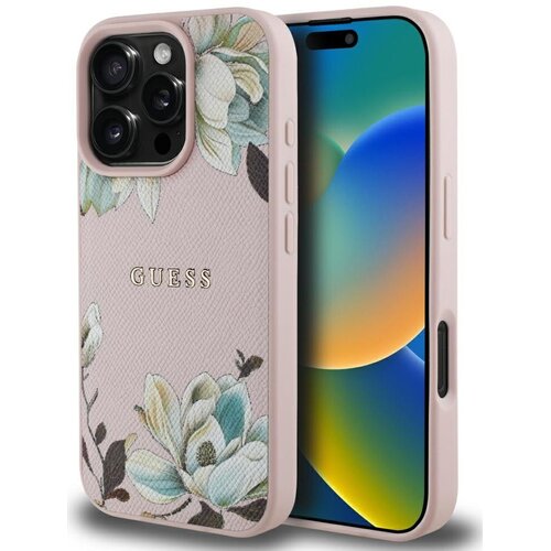 Etui GUESS Grained Printed Flower Pattern MagSafe do Apple iPhone 16 Pro Różowy
