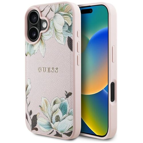 Etui na telefon w kolorze różowym z kwiatowym wzorem i teksturą przypominającą skórę, z widocznym napisem "GUESS" na środku. Obok etui znajduje się telefon z kolorowym ekranem.