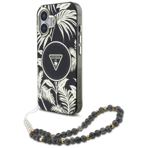 Etui GUESS Palm Trees Triangle Pearl Strap MagSafe do Apple iPhone 16 Czarny