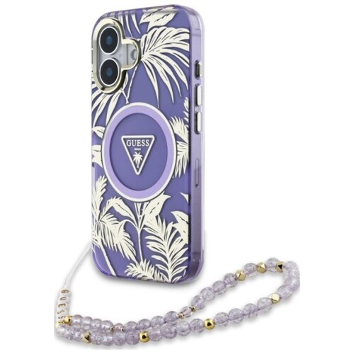 Etui GUESS Palm Trees Triangle Pearl Strap MagSafe do Apple iPhone 16 Fioletowy