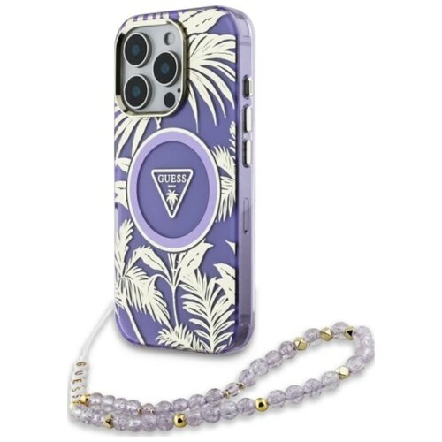 Etui GUESS Palm Trees Triangle Pearl Strap MagSafe do Apple iPhone 16 Pro Max Fioletowy