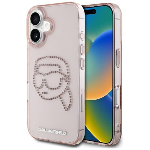Przezroczysto-różowe etui na telefon z wizerunkiem twarzy ozdobionej cyrkoniami. Na dole etui widnieje napis "KARL LAGERFELD".