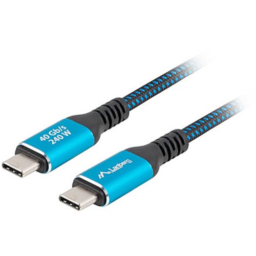 Czarno-niebieski kabel USB-C do USB-C o długości 1,5 m z niebieskimi końcówkami, na których widnieje napis "40 Gb/s 240 W" oraz logo "Lanberg". Kabel ma plecioną osłonę i wzmocnione złącza.