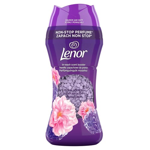 Fioletowe opakowanie produktu z napisem "Lenor" oraz "NON-STOP PERFUME ZAPACH NON STOP" zawiera perełki do prania o zapachu "Floral Bouquet". Na opakowaniu widoczne są również kwiatowe grafiki oraz tekst "In-wash scent booster Perełki zapachowe do prania"