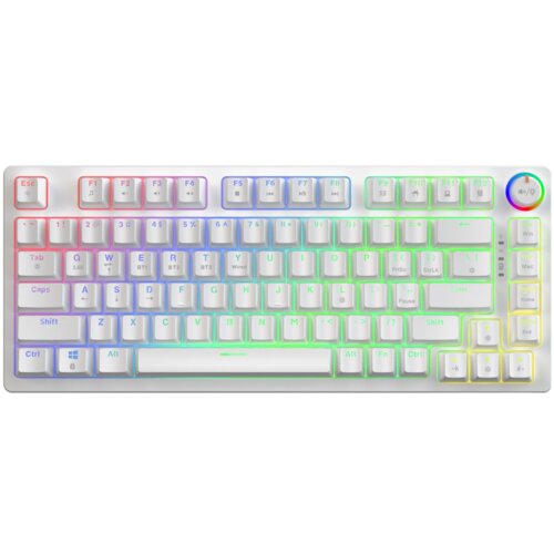 Biała klawiatura mechaniczna z podświetleniem RGB, posiadająca klawisze z oznaczeniami liter, cyfr oraz funkcji, takich jak "Esc", "Ctrl", "Shift", "Caps", "Tab", a także klawisze funkcyjne od F1 do F12. Na klawiaturze widoczne są dodatkowe oznaczenia, ta