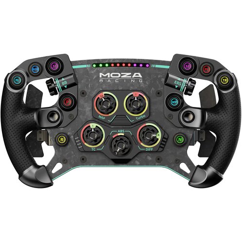 Czarna kierownica wyścigowa z wieloma przyciskami i pokrętłami, na której widnieje logo "MOZA RACING". Na kierownicy znajdują się oznaczenia takie jak "MAP", "Turbo", "ABS", "TC" i "DIFF", a także kolorowe diody LED.