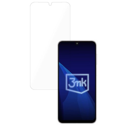 Przedstawione jest szkło hybrydowe 3MK FlexibleGlass do telefonu Samsung Galaxy M16 5G, obok którego znajduje się smartfon z wyświetlaczem w kolorze niebieskim i logo 3MK. Szkło ma wycięcie na górze, dopasowane do kształtu ekranu telefonu.