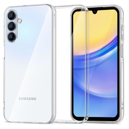 Przezroczyste etui TECH-PROTECT Airflex do Samsung Galaxy A16 4G/5G jest pokazane na tle telefonu z widocznym ekranem o gradientowych kolorach żółci i niebieskiego. Na etui widoczny jest napis "SAMSUNG".