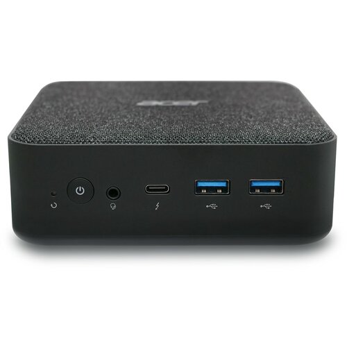 Czarny komputer o kompaktowej obudowie z widocznymi portami: przyciskiem zasilania, gniazdem audio, portem USB-C, dwoma portami USB-A oraz logo "ACER" na górnej powierzchni.