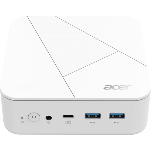 Biały komputer o prostokątnym kształcie z logo "acer" na górnej powierzchni, posiadający przycisk zasilania, gniazdo audio, port USB-C oraz dwa porty USB-A na przednim panelu.