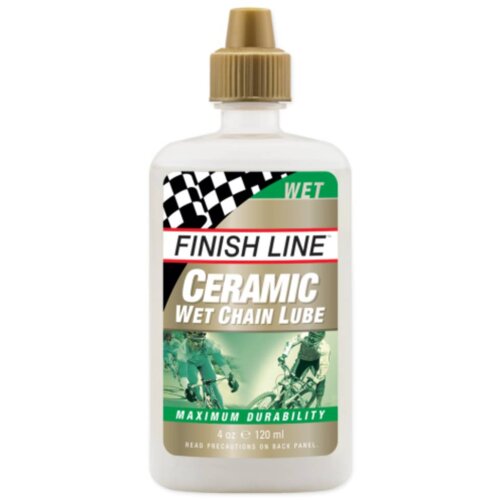 Butelka z olejem do łańcuchów rowerowych o pojemności 120 ml, z etykietą zawierającą napisy: "FINISH LINE", "CERAMIC WET CHAIN LUBE", "MAXIMUM DURABILITY" oraz grafikę przedstawiającą rowerzystów. Na górze etykiety znajduje się wzór w szachownicę i napis 
