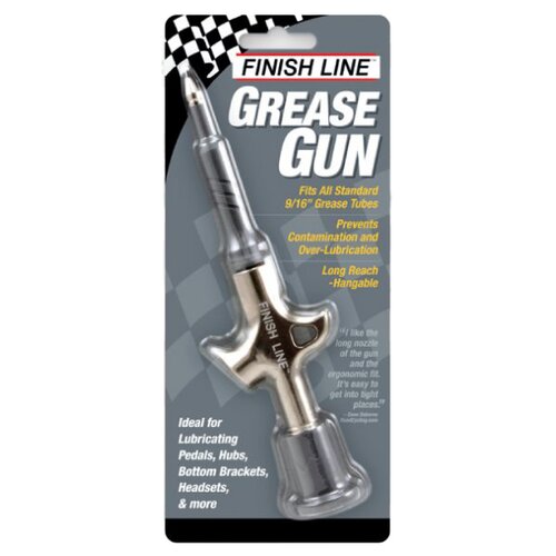 Opakowanie produktu z napisem "FINISH LINE GREASE GUN" zawiera smarownicę, a na opakowaniu widnieją dodatkowe informacje: "Fits All Standard 9/16" Grease Tubes", "Prevents Contamination and Over-Lubrication", "Long Reach - Hangable", oraz "Ideal for Lubri
