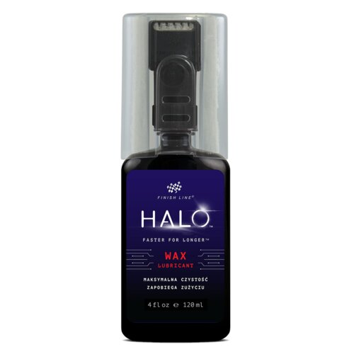 Czarna butelka z przezroczystą nakrętką, na której widnieje etykieta z napisem: "FINISH LINE HALO FASTER FOR LONGER WAX LUBRICANT MAKSYMALNA CZYSTOŚĆ ZAPOBIEGA ZUŻYCIU 4 fl oz e 120 ml".