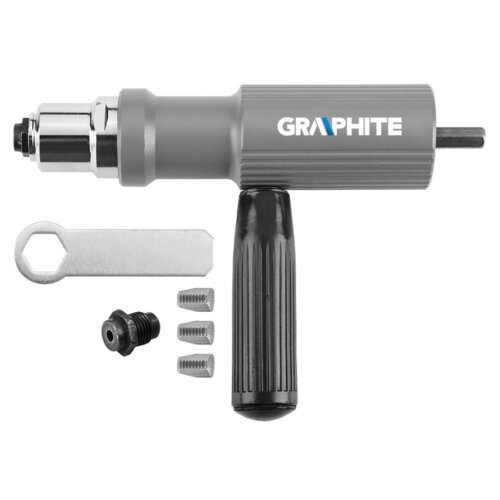 Na zdjęciu znajduje się adapter do nitów z logo "GRAPHITE", obok którego leży klucz, trzy śruby i dodatkowy element. Adapter ma szarą obudowę z czarnym uchwytem.