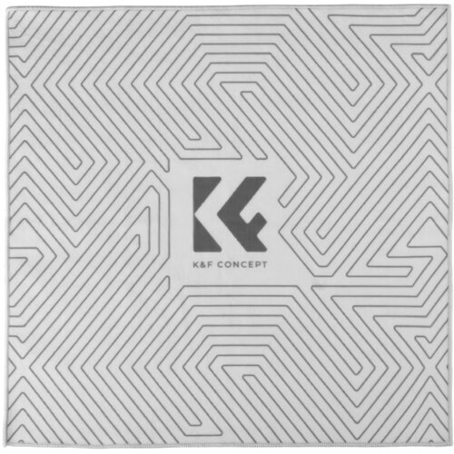 Szara ściereczka z geometrycznym wzorem w postaci linii tworzących labirynt, z widocznym logo "K&F CONCEPT" pośrodku.