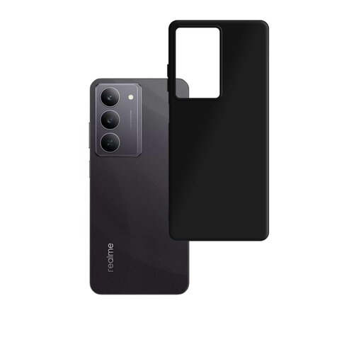 Na zdjęciu widoczny jest czarny telefon z trzema aparatami oraz czarne etui z wycięciem na aparaty. Na telefonie znajduje się napis "realme".