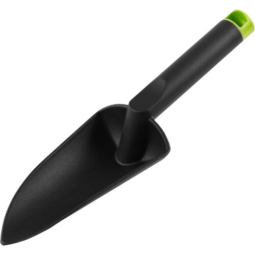 Czarna łopatka ogrodowa z zielonym akcentem na końcu uchwytu, wykonana z tworzywa sztucznego. Produkt ma gładką powierzchnię i ergonomiczny kształt.