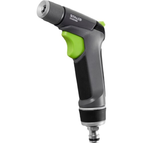 Na zdjęciu znajduje się pistolet zraszający w kolorze szaro-zielonym z widocznym napisem "STALCO GARDEN" na górnej części. Produkt ma ergonomiczny uchwyt i metalowe złącze na końcu.
