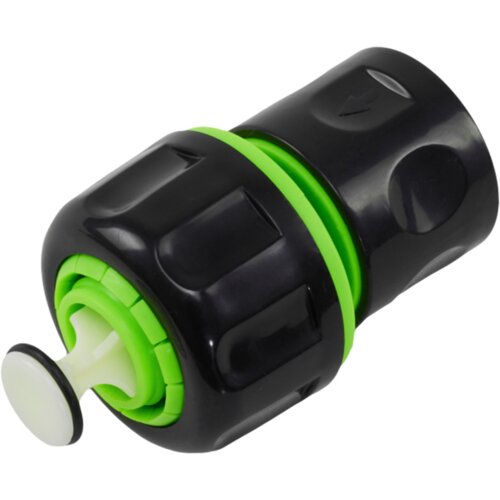 Na zdjęciu znajduje się szybkozłącze ogrodowe w kolorze czarnym z zielonymi elementami. Produkt ma cylindryczny kształt z widocznym mechanizmem złączającym.