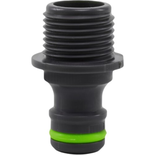 Czarne przyłącze kranowe z zielonym pierścieniem, wykonane z tworzywa sztucznego, o oznaczeniu "Przyłącze kranowe STALCO GARDEN STR 1/2" S101010463". Produkt ma gwintowaną końcówkę i jest przeznaczony do systemów ogrodowych.