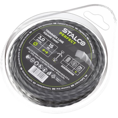Opakowanie produktu "Żyłka do kosy STALCO PERFECT S053998006" zawiera czarną żyłkę o długości 15 m i średnicy 3,0 mm, z oznaczeniem "Trimmer Line Square Twist". Na etykiecie widnieje logo STALCO PERFECT oraz dodatkowe informacje, takie jak kod kreskowy i dane producenta.